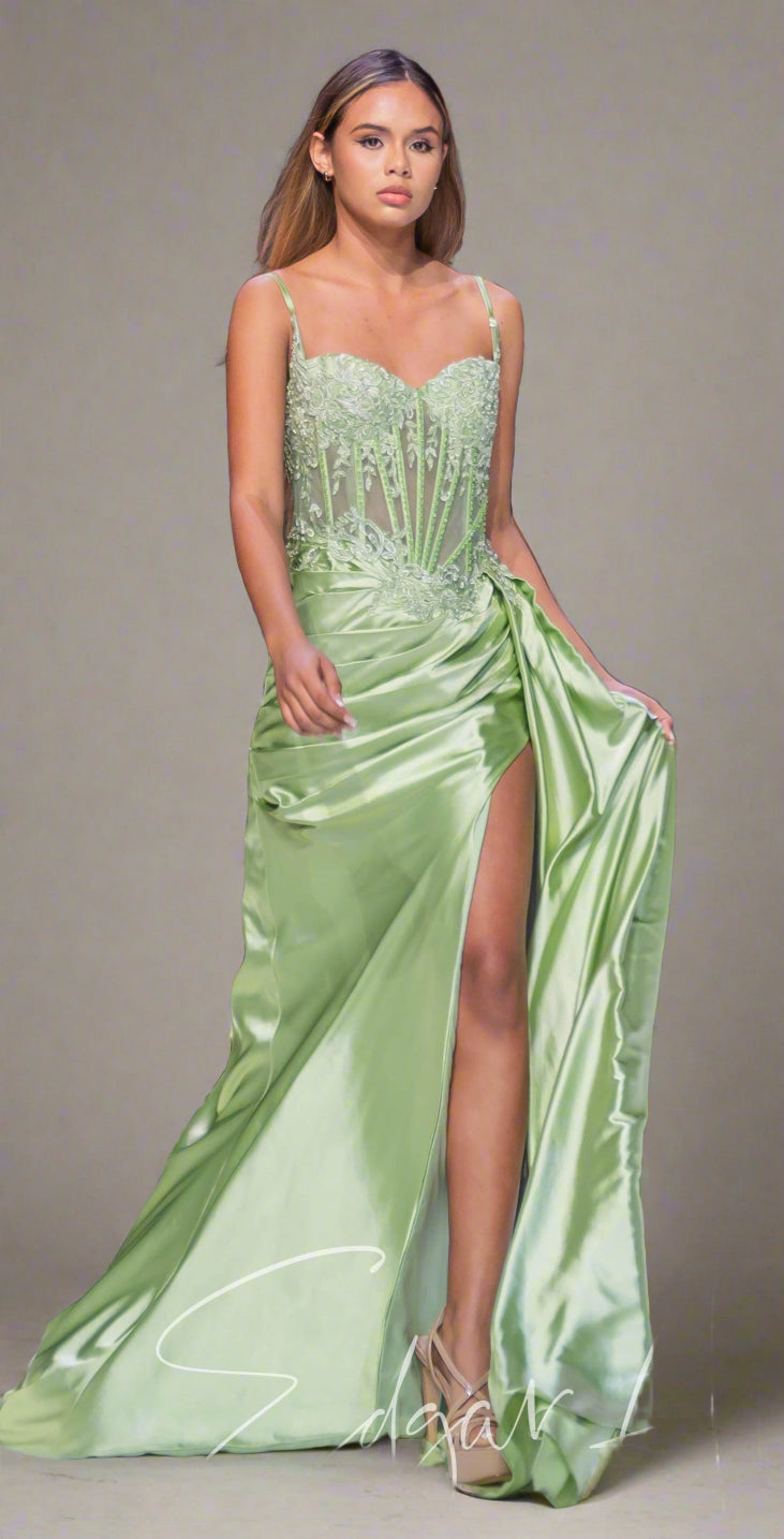 Luna prom and elegant long dress sage green with stones and cut out