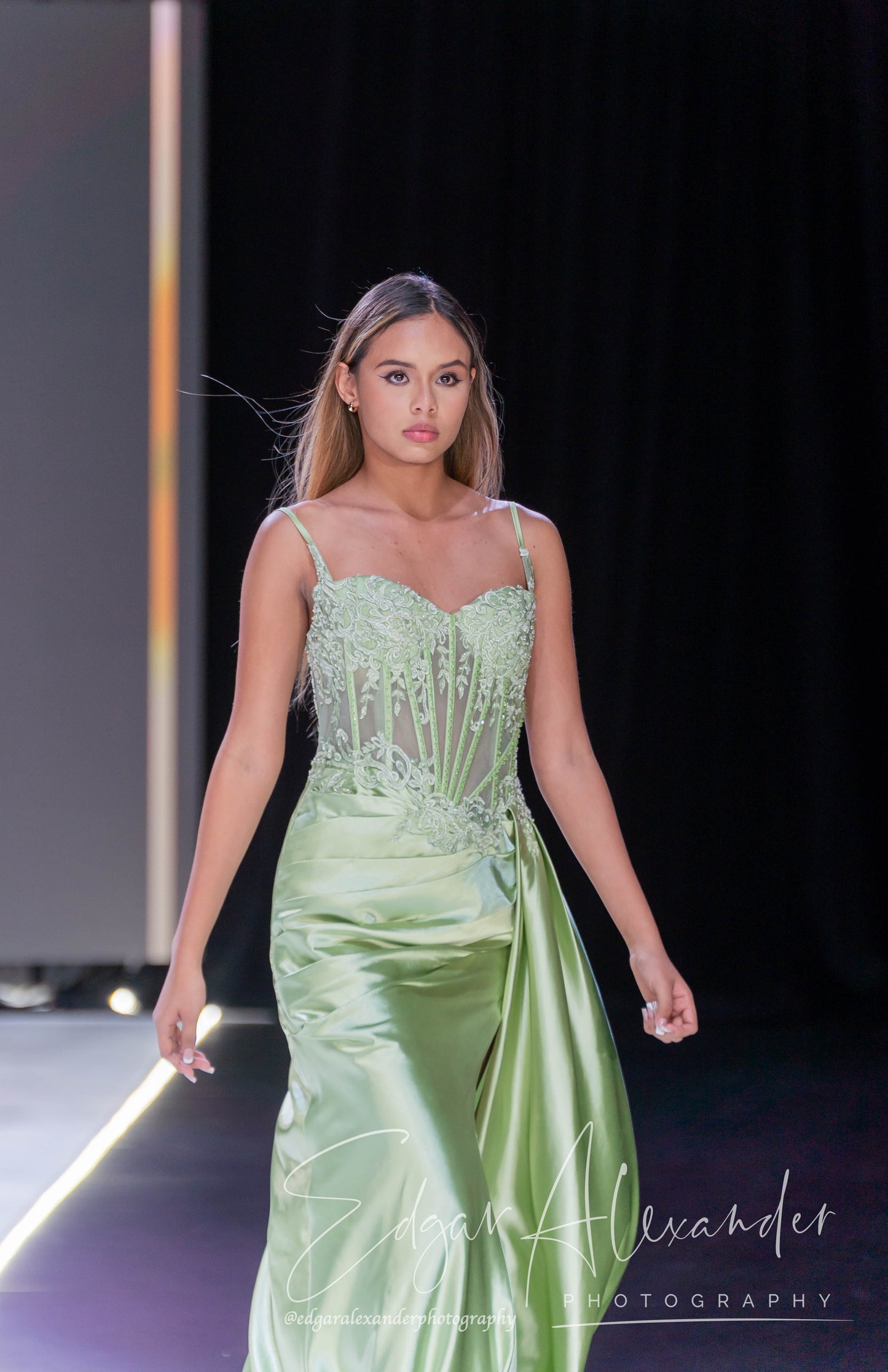 Luna prom and elegant long dress sage green with stones and cut out