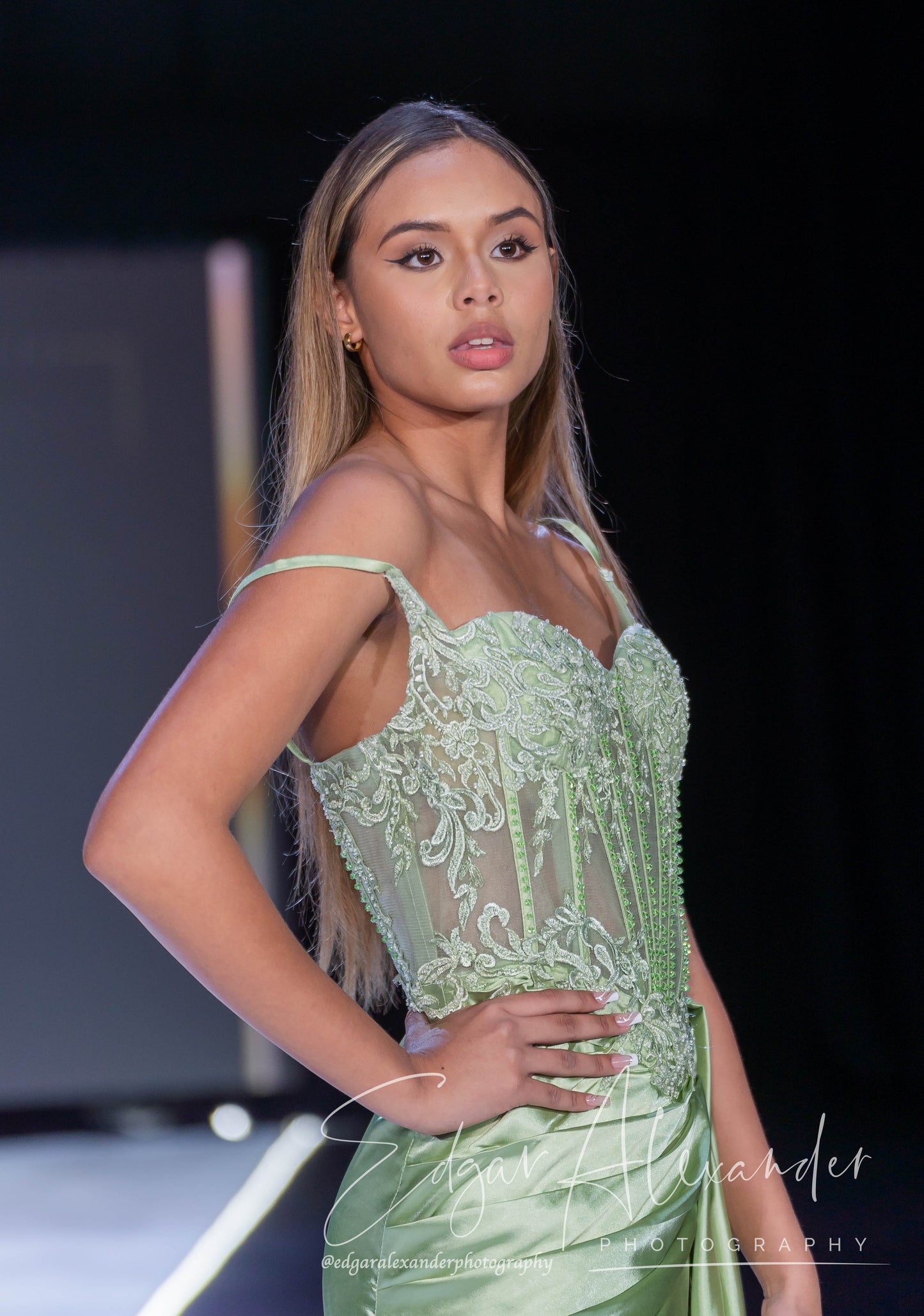 Luna prom and elegant long dress sage green with stones and cut out