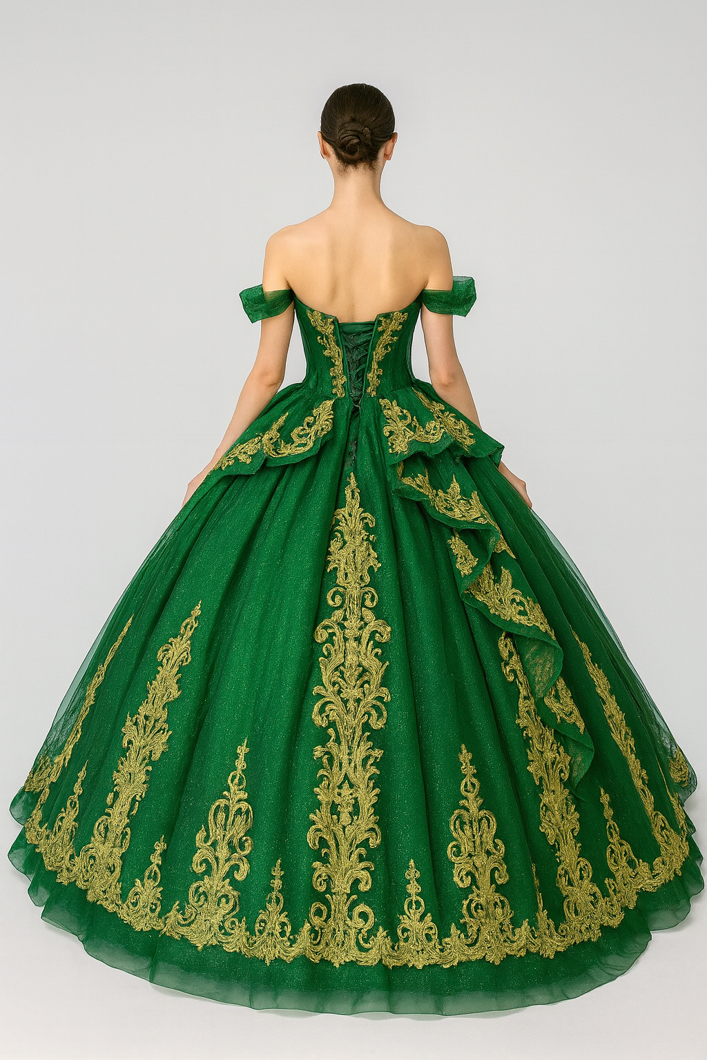 Emerald Majesty Ball Gown with Golden Embroidery