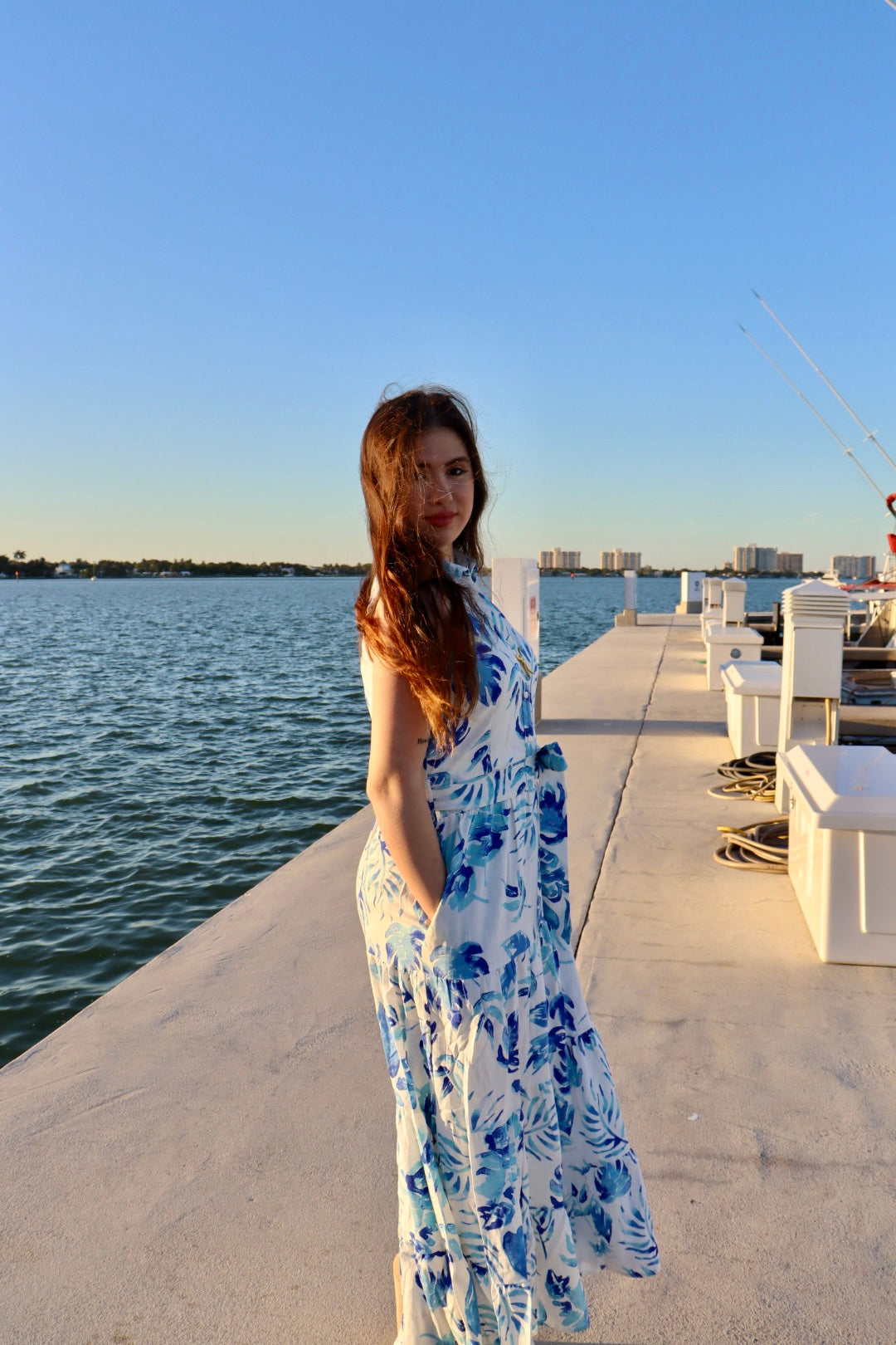 Elegant Blue Floral Maxi Dress – Coastal Chic Style