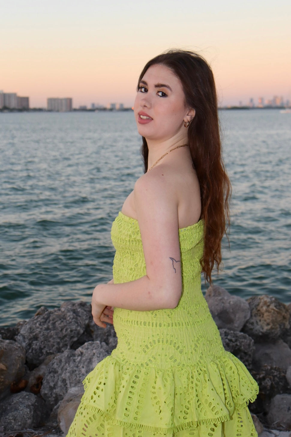 Lime Green Strapless Ruffle Dress – Playful & Chic