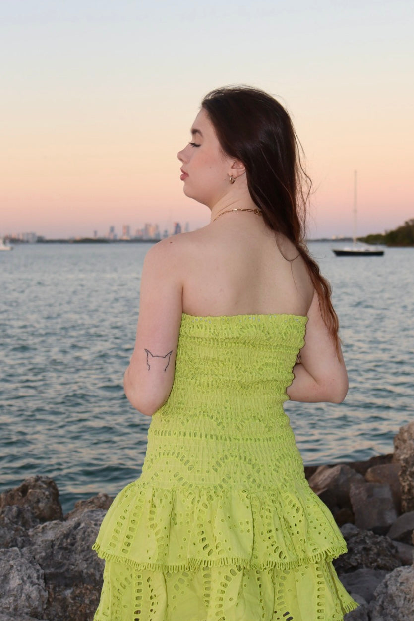 Lime Green Strapless Ruffle Dress – Playful & Chic