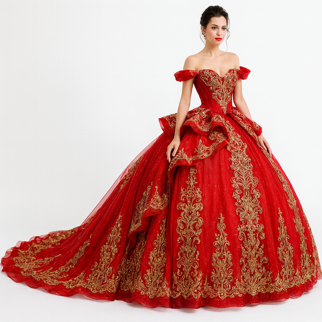 Imperial Elegance Red & Gold Ball Gown