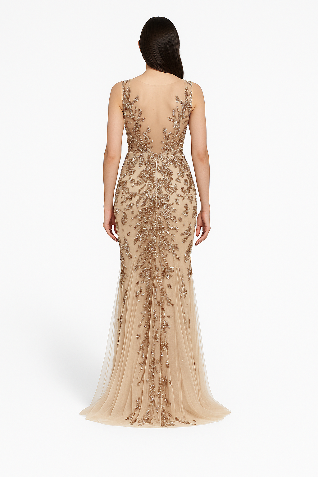 Champagne Embellished Illusion Gown – Radiant Sophistication
