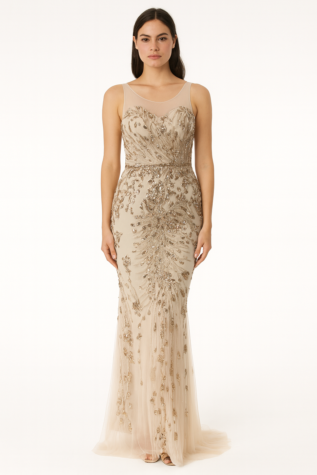 Champagne Embellished Illusion Gown – Radiant Sophistication