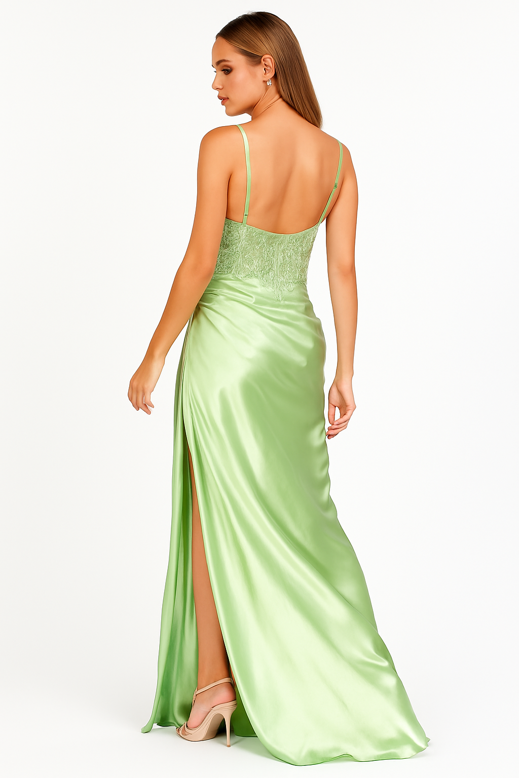 Luna prom and elegant long dress sage green with stones and cut out