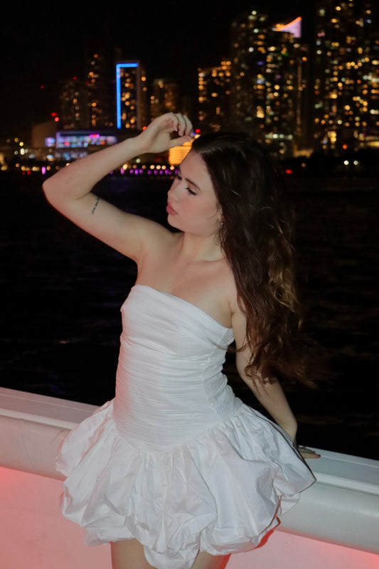Midnight Elegance White Strapless Mini Dress – Chic & Playful