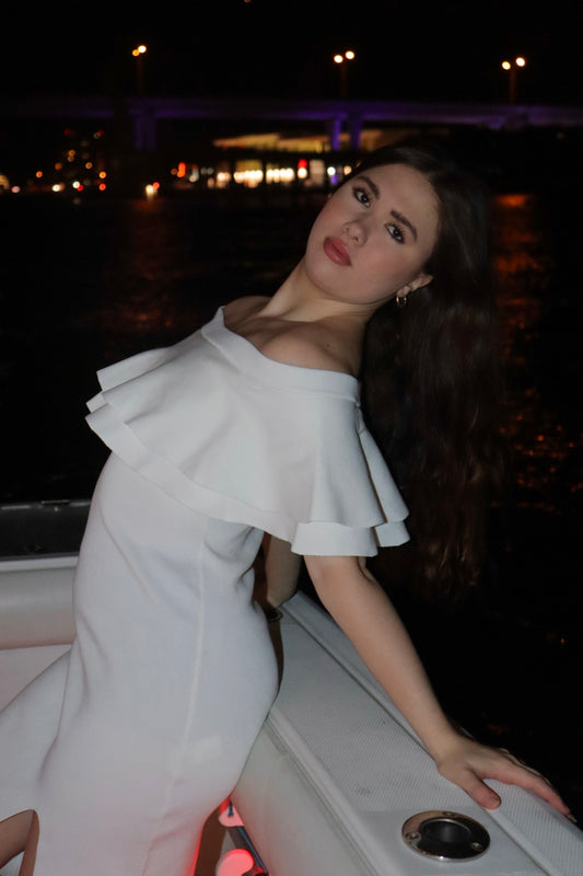 White Off-Shoulder Ruffle Gown – Timeless Elegance