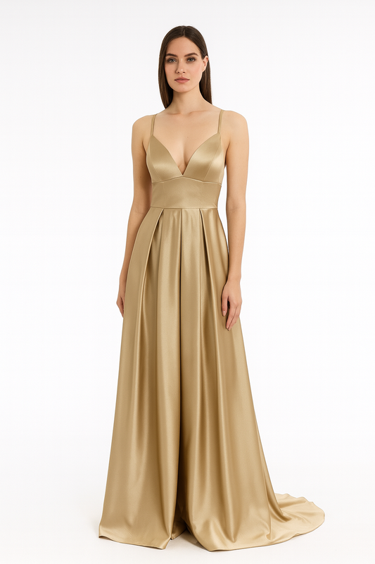 Golden Satin Evening Gown – Radiant Elegance