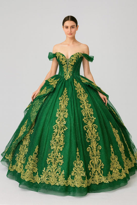 Emerald Majesty Ball Gown with Golden Embroidery