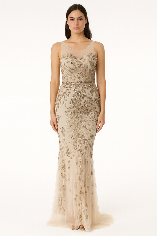 Champagne Embellished Illusion Gown – Radiant Sophistication