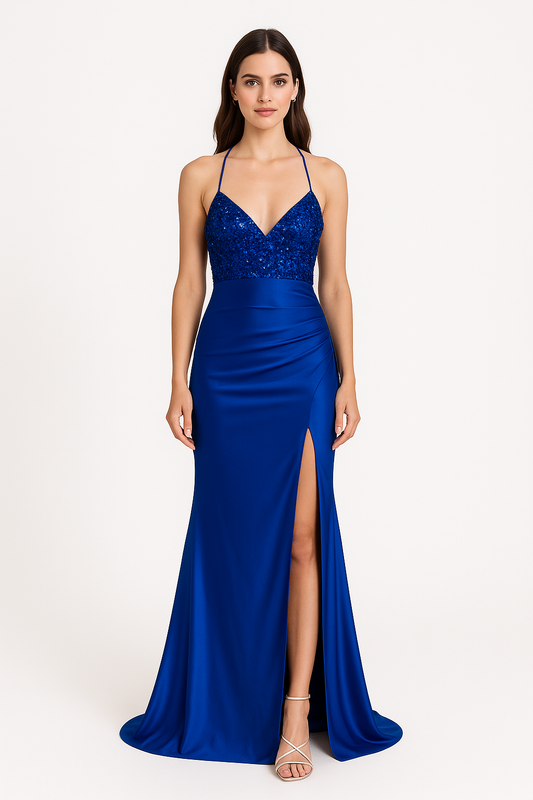 Ethereal Glow prom and elegant long dress royal blue with cut out